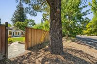 038 - 19 Warwick Court - An open wooden gate and a large tree trucnk