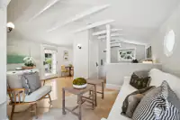 38 _ 1751 Reliez Valley Road _ Open living area with exposed beams, seating, dining nook, and French doors