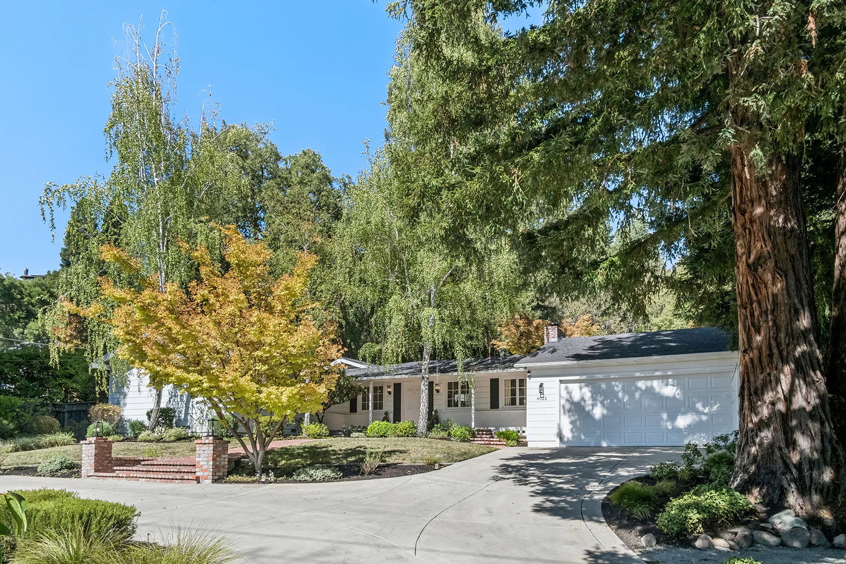 1 _ 4022 Happy Valley Road _ Front view with a driveway, landscaped yard, and large trees