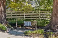 35 _ 4022 Happy Valley Road _ Backyard seating area with bench and landscaped garden