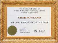 Certificate from the Menlo Park office of Intero presenting Cher Rowland as number 8 Producer of the Year for 2020